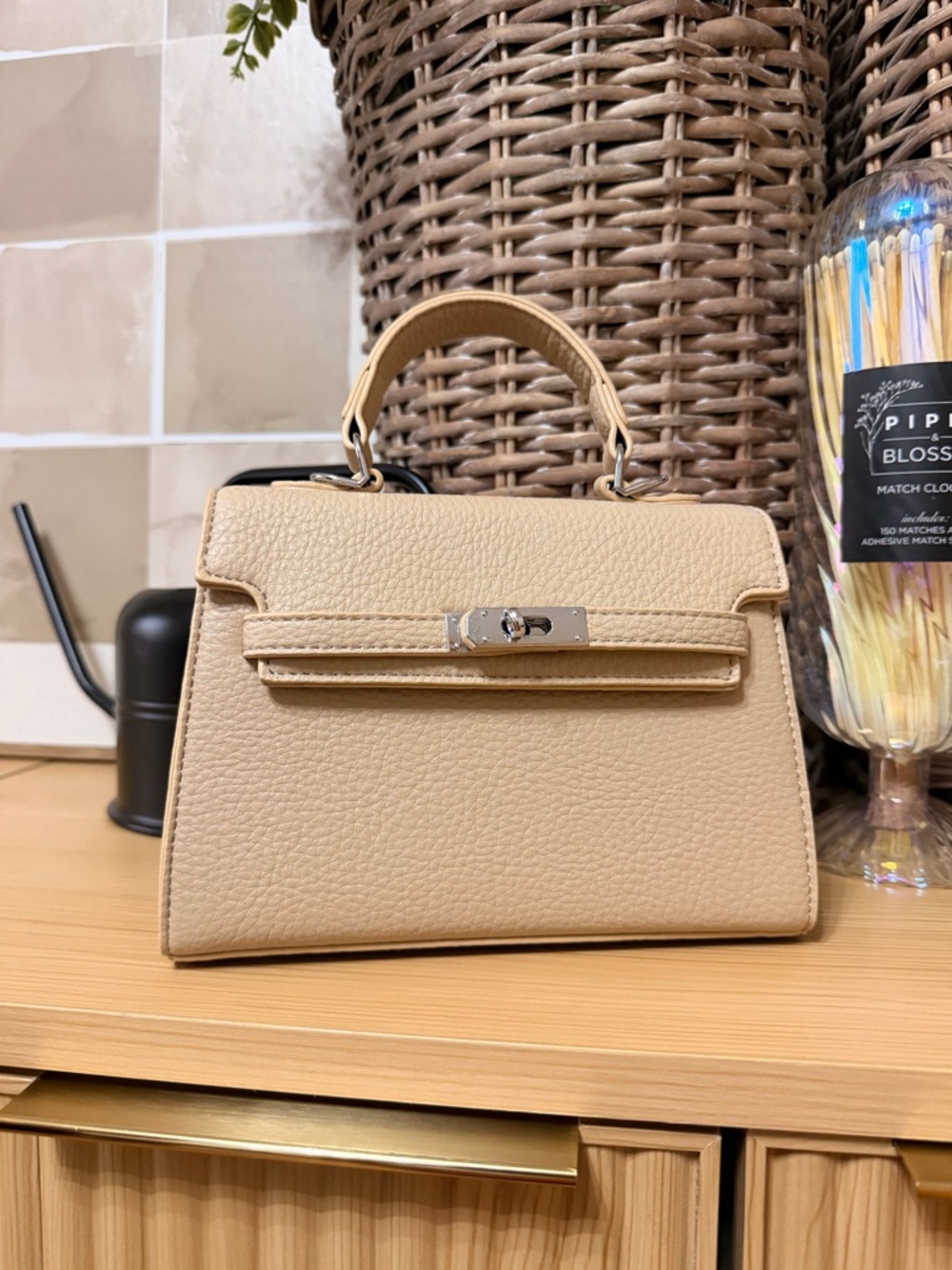 Beige Leather Top-Handle Women’s Bag